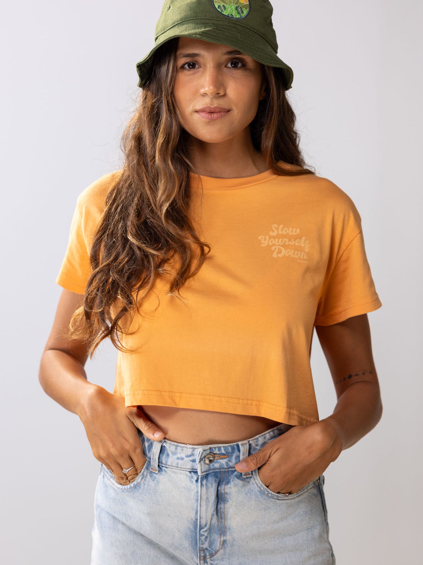 Gold Earth Retro Crop Tee | Organic Cotton | Slow Yourself Down - Womens Shirts