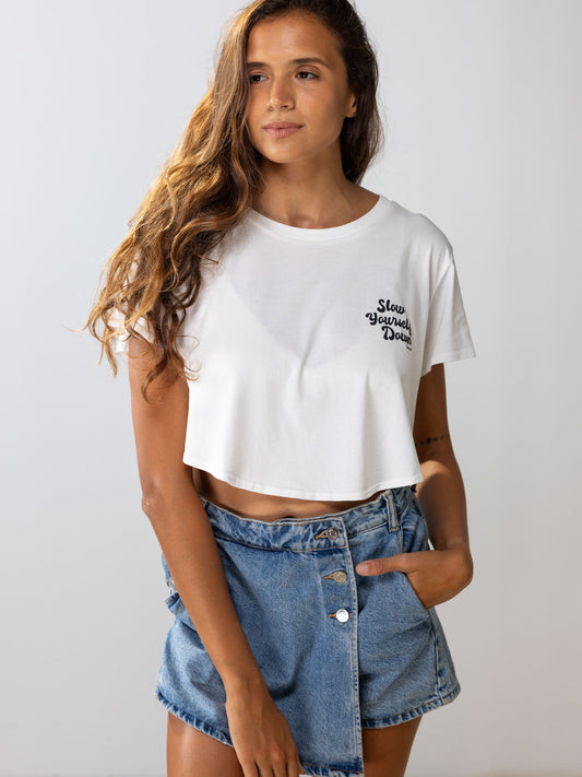 Retro Stamp Moon Crop | Organic Cotton | Slow Yourself Down - Womens Shirts