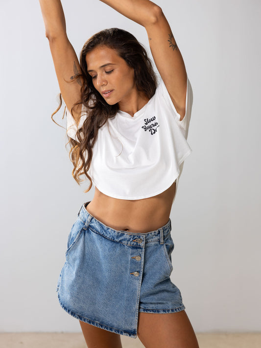 Retro Stamp Moon Crop | Organic Cotton | Slow Yourself Down - Womens Shirts