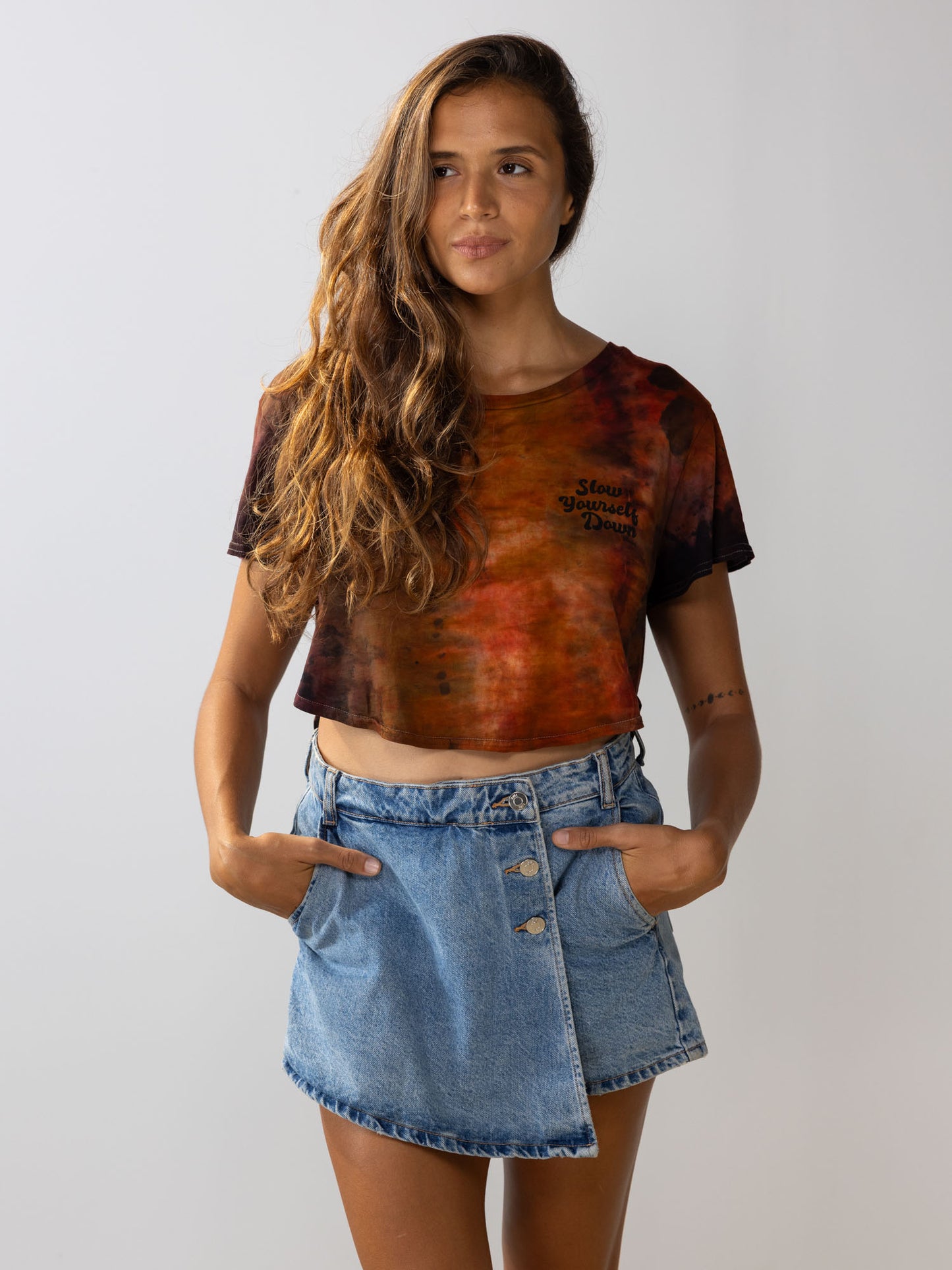 Retro Stamp Tie Dye Moon Crop | Organic Cotton | Slow Yourself Down - Womens Shirts