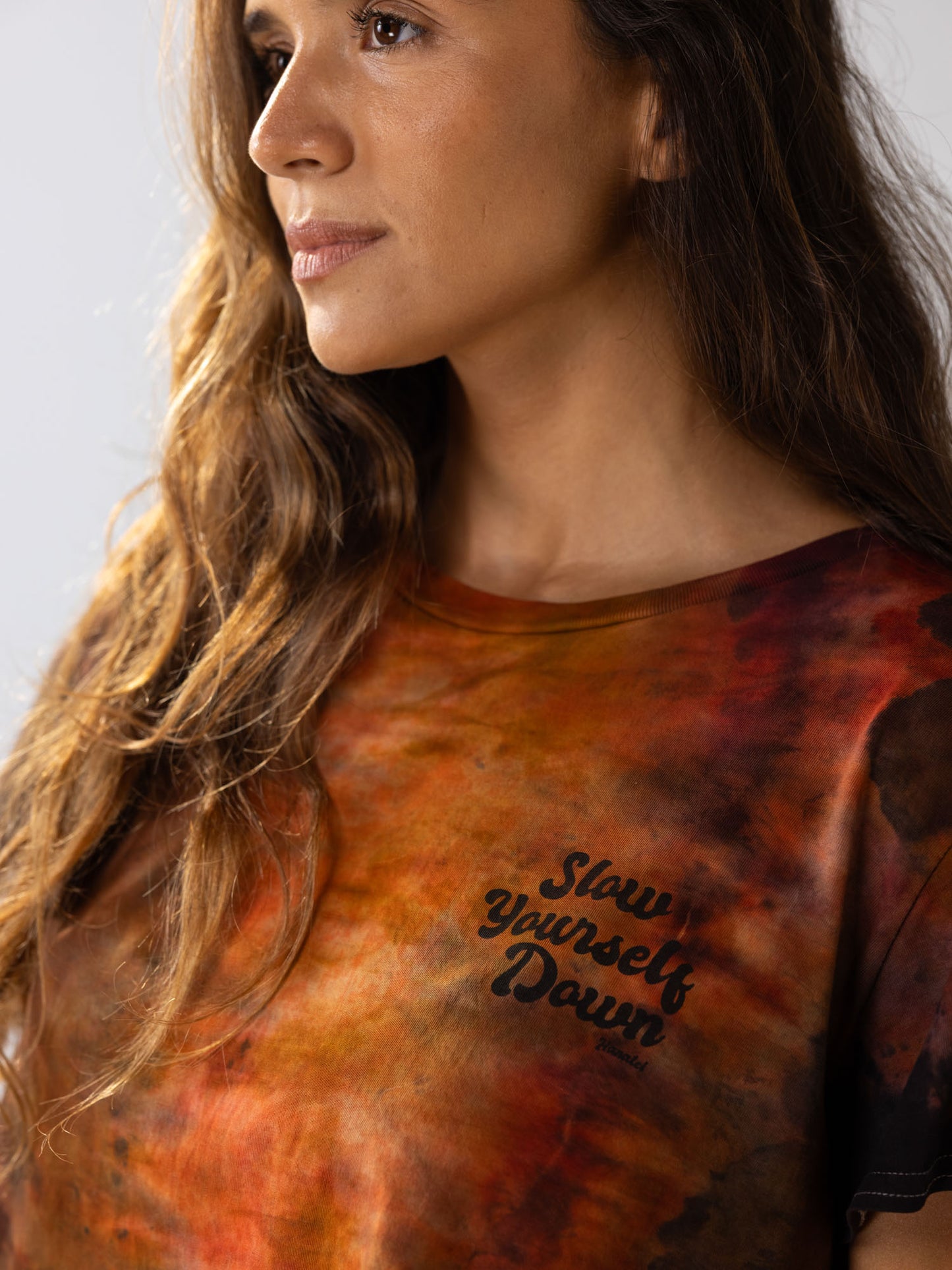 Retro Stamp Tie Dye Moon Crop | Organic Cotton | Slow Yourself Down - Womens Shirts