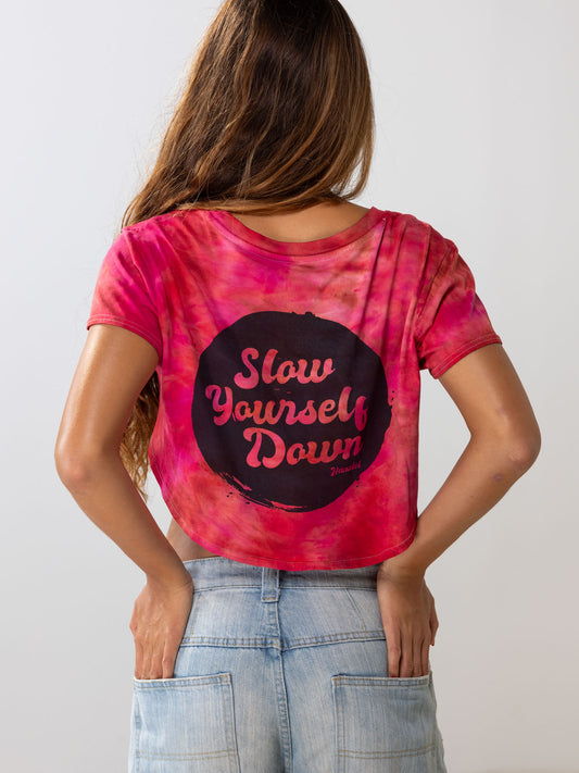 Retro Stamp Tie Dye Moon Crop | Organic Cotton | Slow Yourself Down - Womens Shirts