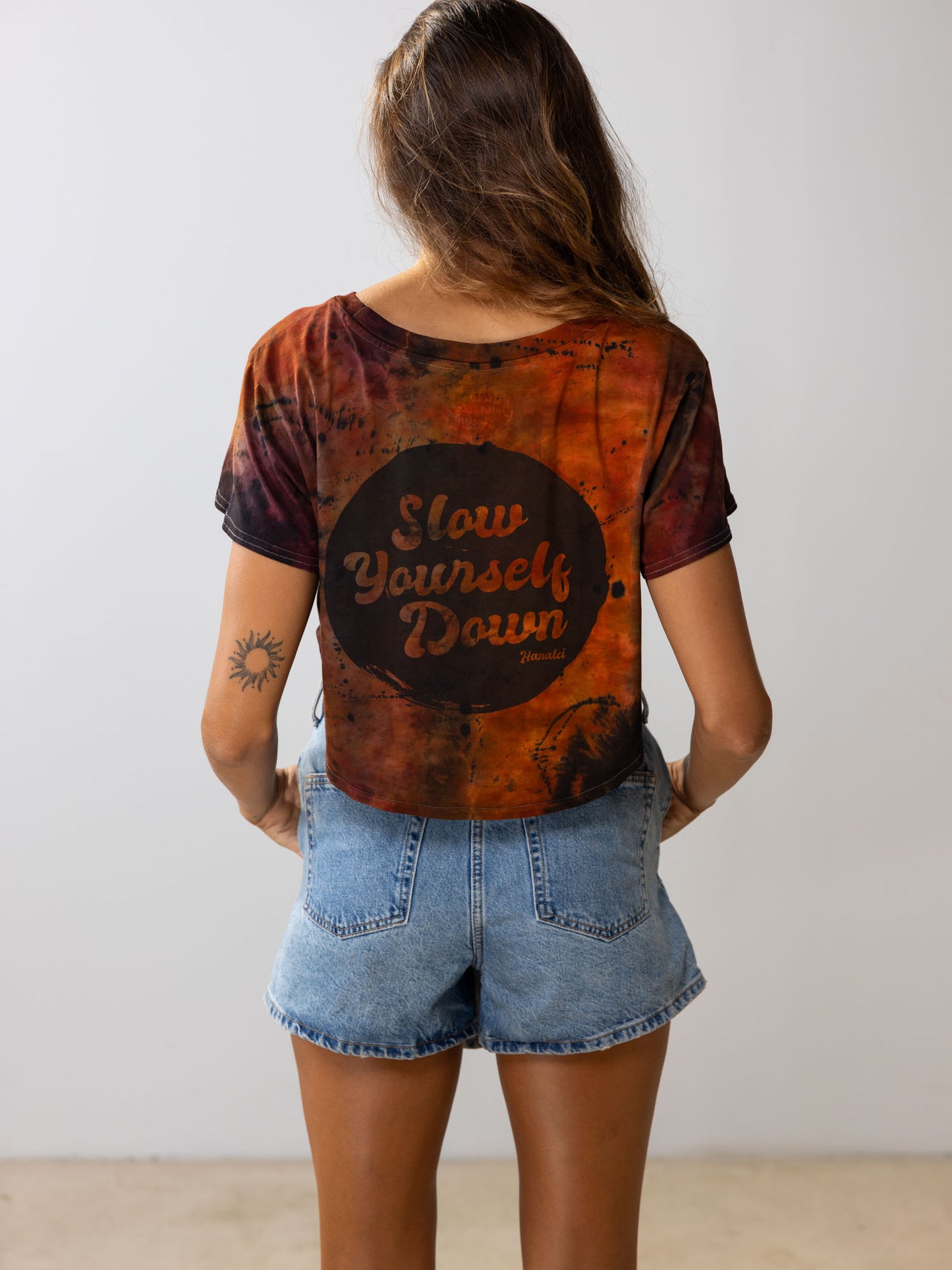 Retro Stamp Tie Dye Moon Crop | Organic Cotton | Slow Yourself Down - Womens Shirts