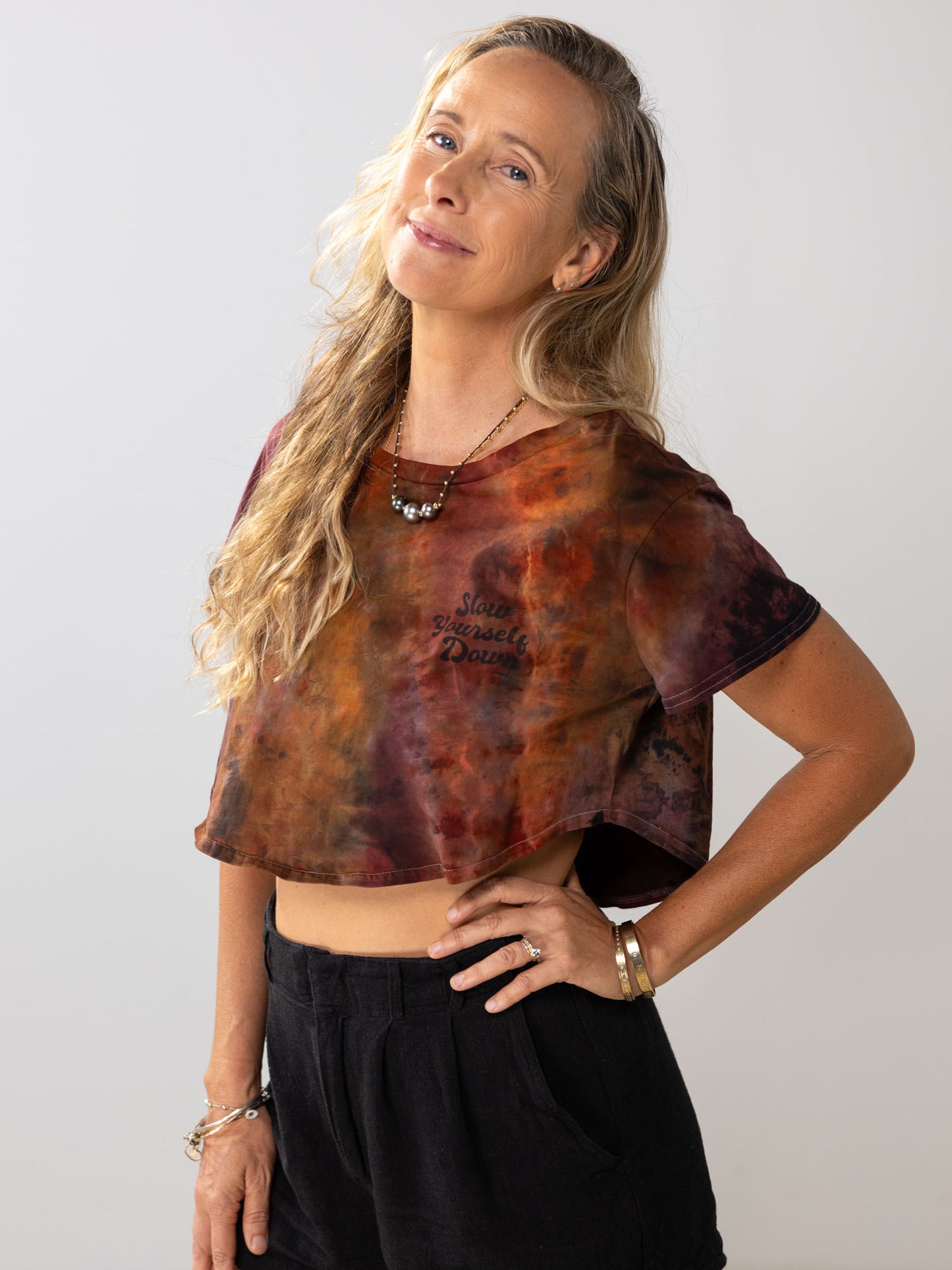 Retro Stamp Tie Dye Moon Crop | Organic Cotton | Slow Yourself Down - Womens Shirts