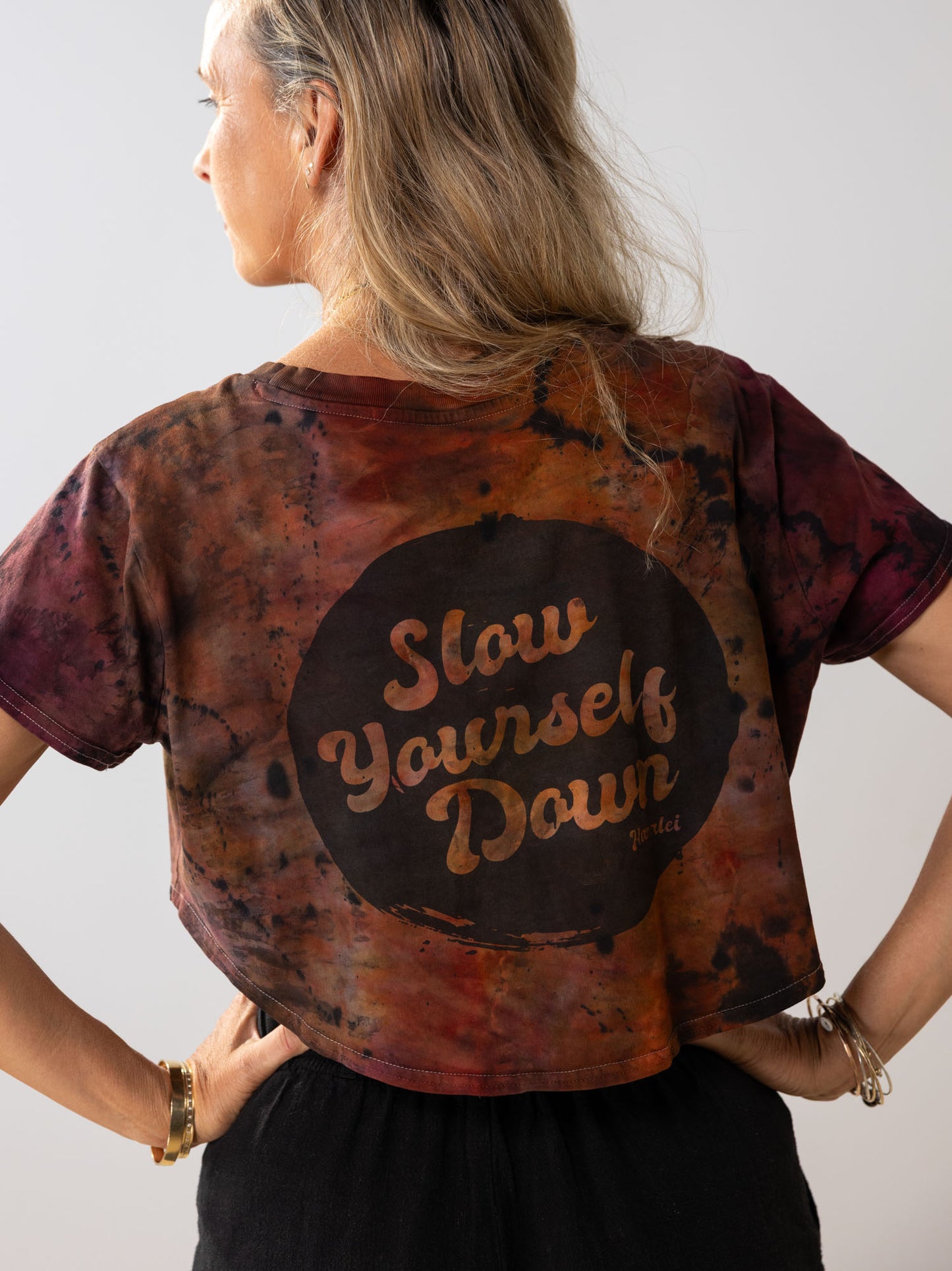 Retro Stamp Tie Dye Moon Crop | Organic Cotton | Slow Yourself Down - Womens Shirts