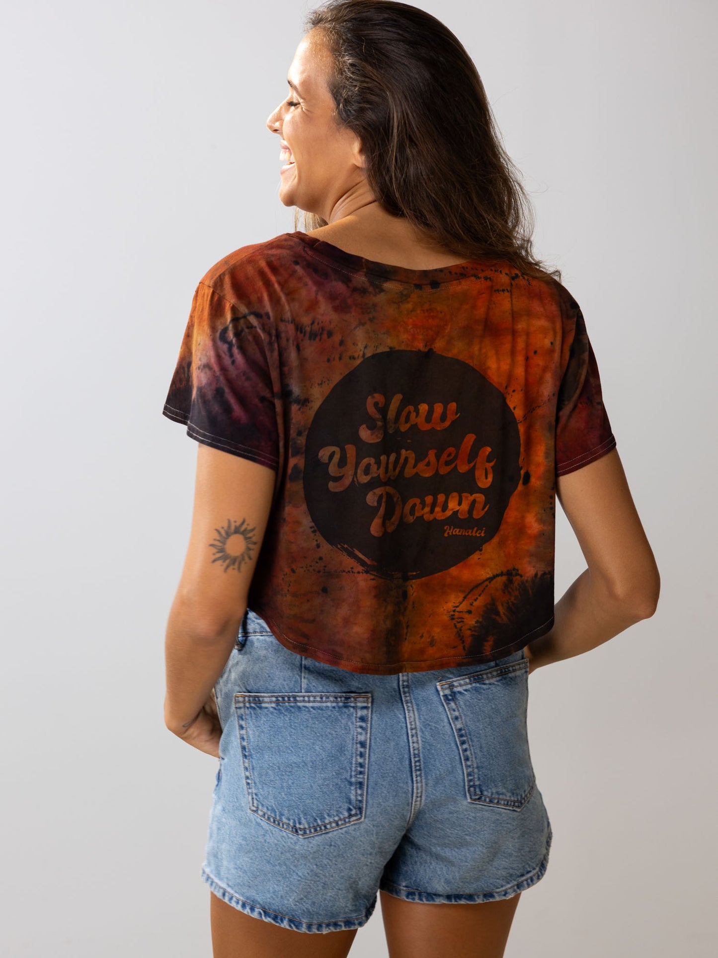 Retro Stamp Tie Dye Moon Crop | Organic Cotton | Slow Yourself Down - Womens Shirts