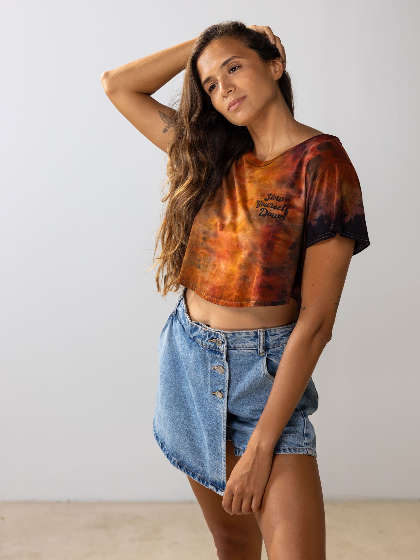Retro Stamp Tie Dye Moon Crop | Organic Cotton | Slow Yourself Down - Womens Shirts