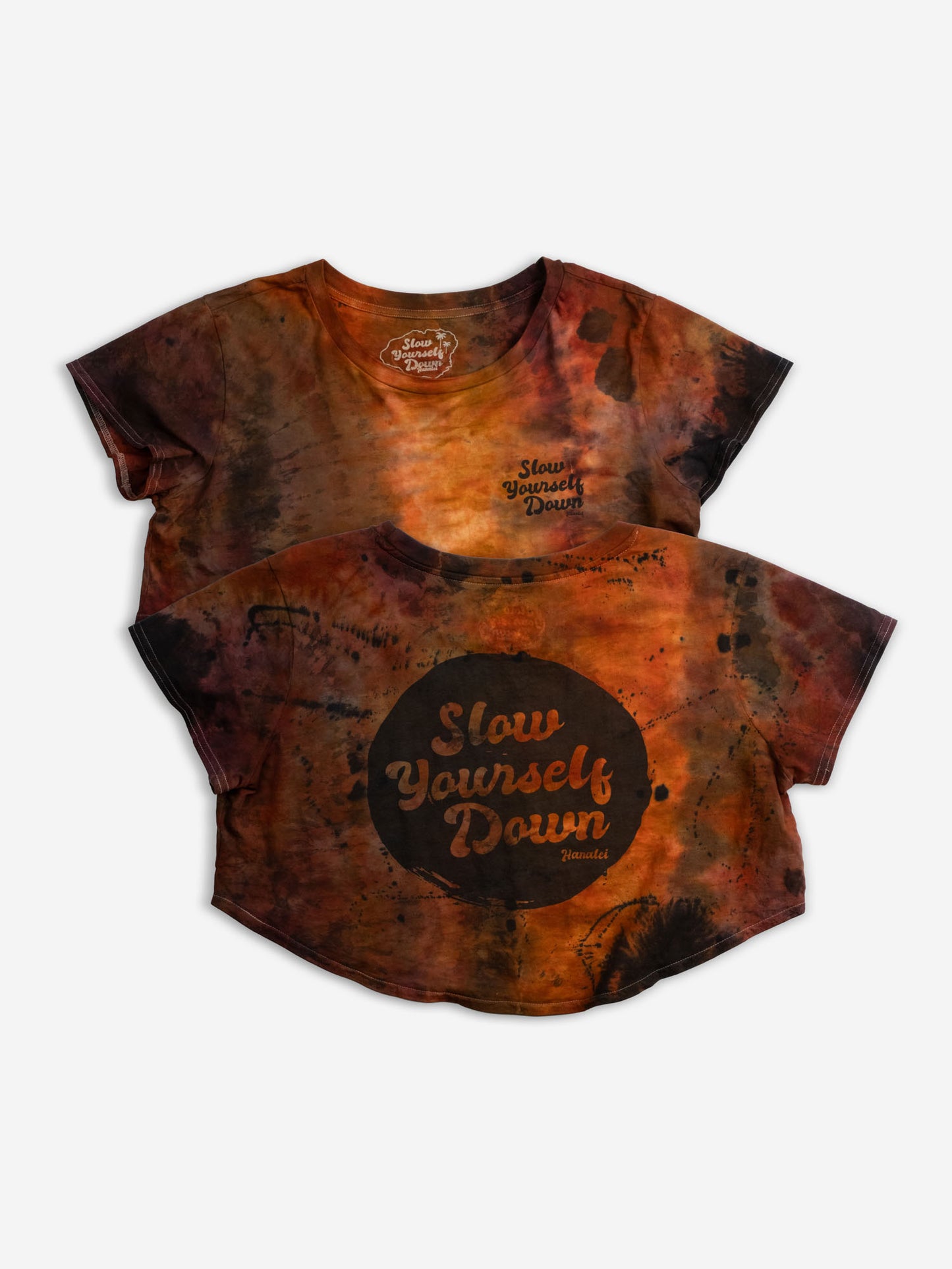 Retro Stamp Tie Dye Moon Crop | Organic Cotton | Slow Yourself Down - Womens Shirts