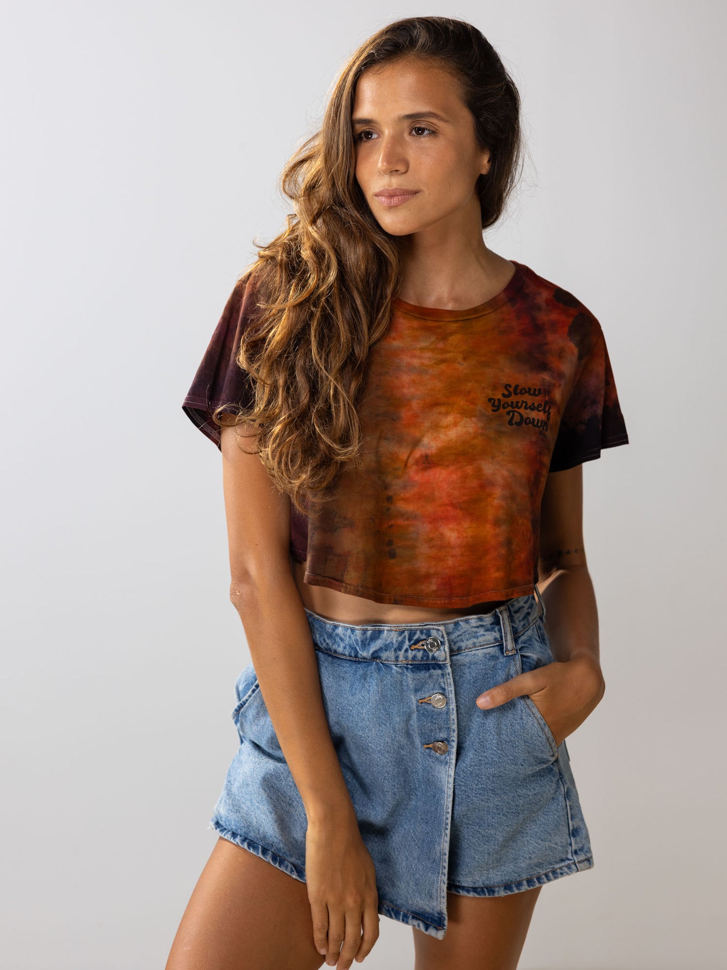 Retro Stamp Tie Dye Moon Crop | Organic Cotton | Slow Yourself Down - Womens Shirts