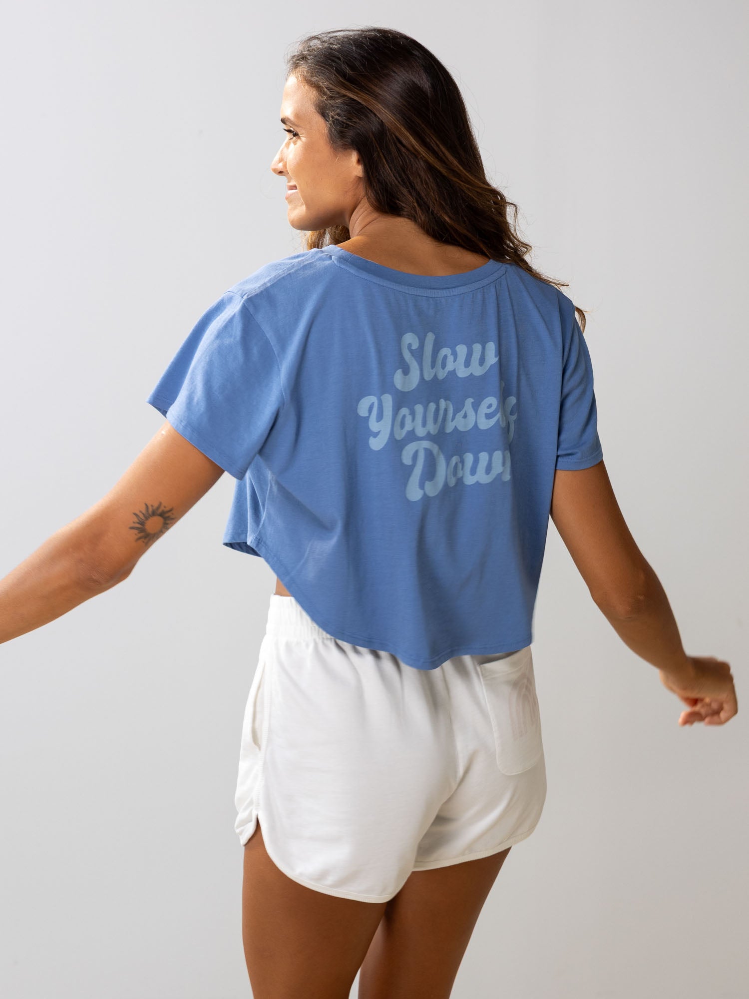 Blue Retro Moon Crop | Organic Cotton | Slow Yourself Down - Womens Shirts