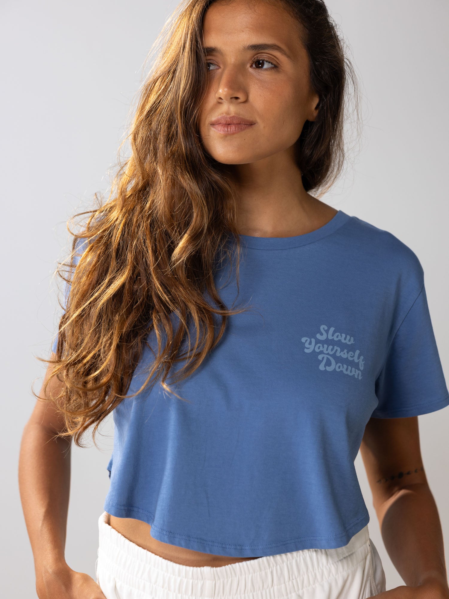Blue Retro Moon Crop | Organic Cotton | Slow Yourself Down - Womens Shirts