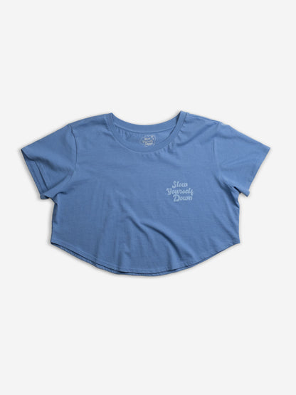 Blue Retro Moon Crop | Organic Cotton | Slow Yourself Down - Womens Shirts
