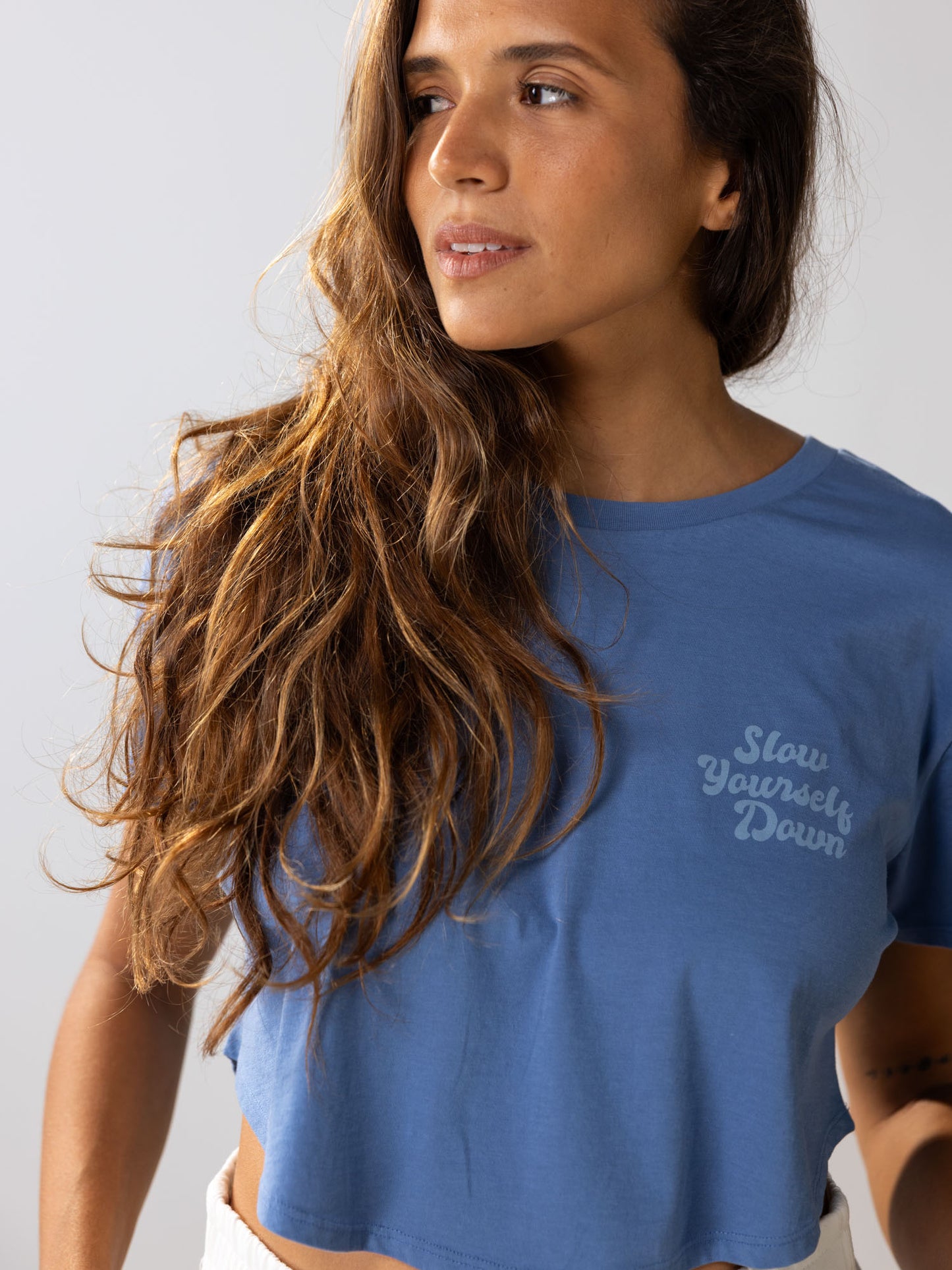 Blue Retro Moon Crop | Organic Cotton | Slow Yourself Down - Womens Shirts