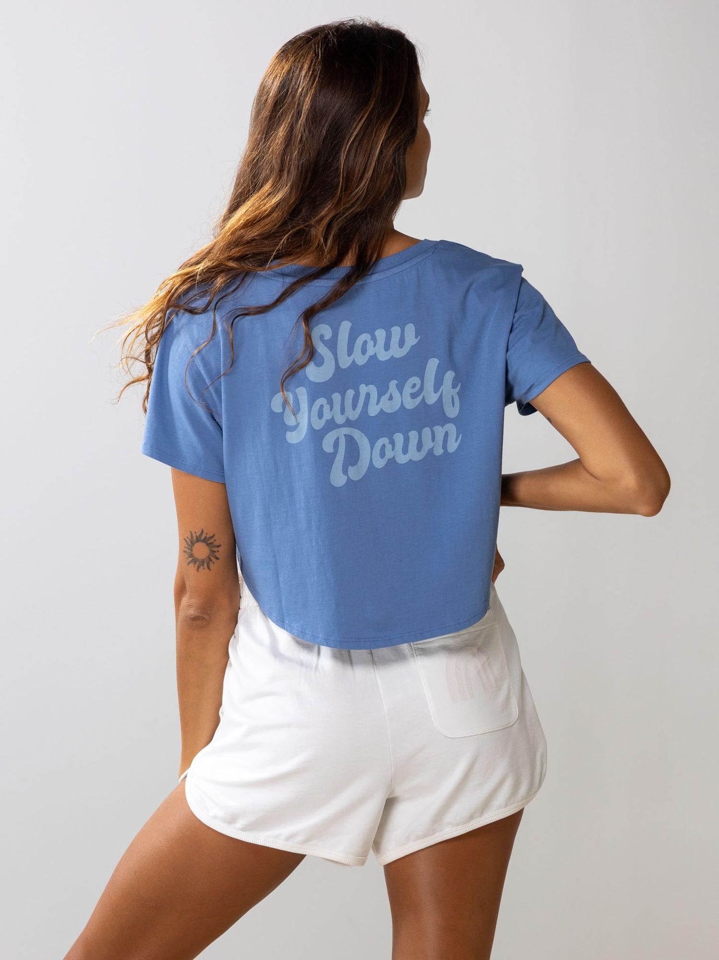 Blue Retro Moon Crop | Organic Cotton | Slow Yourself Down - Womens Shirts