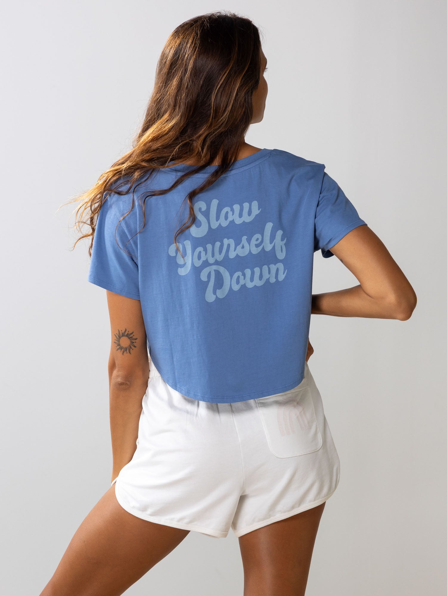 Blue Retro Moon Crop | Organic Cotton | Slow Yourself Down - Womens Shirts