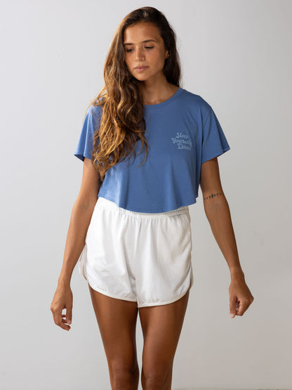 Blue Retro Moon Crop | Organic Cotton | Slow Yourself Down - Womens Shirts