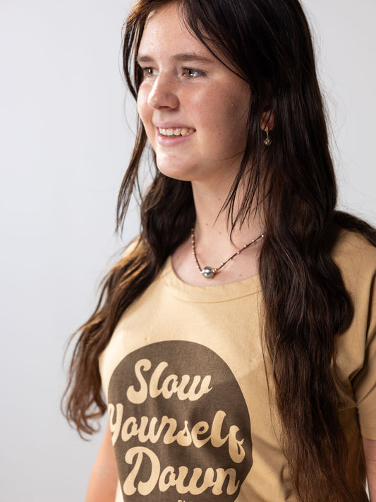 Retro Stamp Scoop Neck | Organic Cotton | Slow Yourself Down - Womens Shirts
