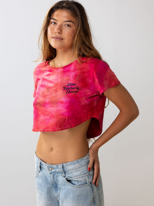 Retro Stamp Tie Dye Moon Crop | Organic Cotton | Slow Yourself Down - Womens Shirts