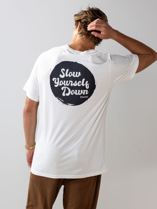 Retro Stamp White Tee | Organic Cotton | Slow Yourself Down - Mens Shirts