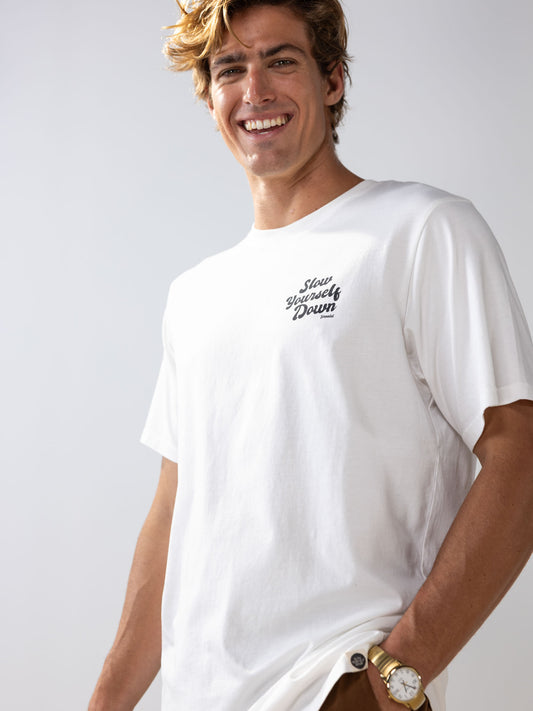 Retro Stamp White Tee | Organic Cotton | Slow Yourself Down - Mens Shirts