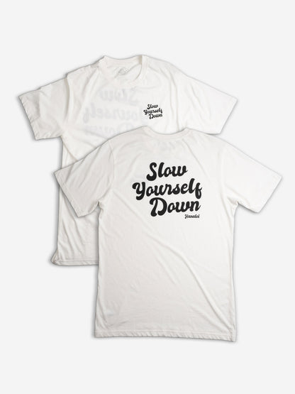 White Retro Tee | Organic Cotton | Slow Yourself Down - Mens Shirts