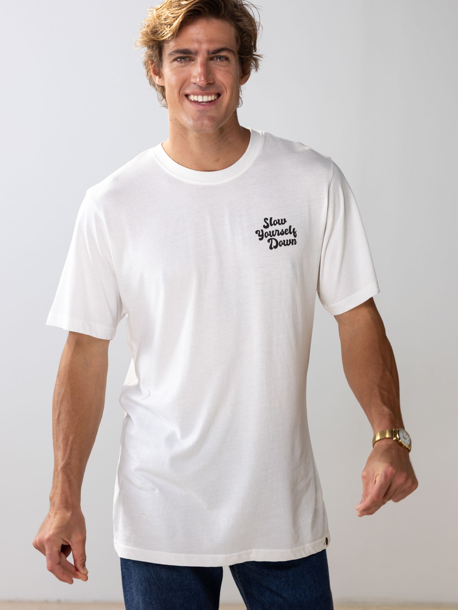 White Retro Tee | Organic Cotton | Slow Yourself Down - Mens Shirts