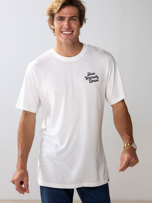 White Retro Tee | Organic Cotton | Slow Yourself Down - Mens Shirts