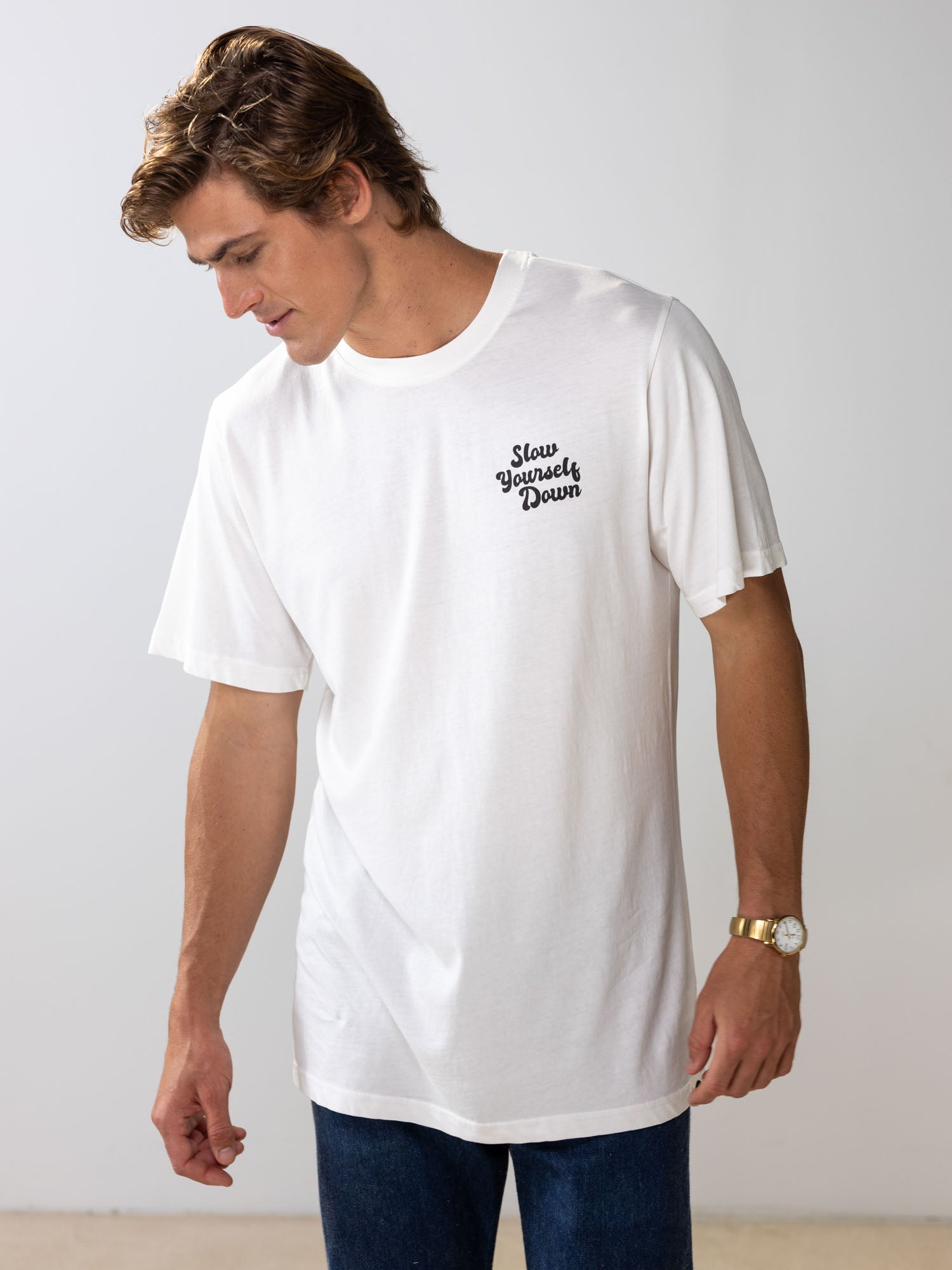 White Retro Tee | Organic Cotton | Slow Yourself Down - Mens Shirts