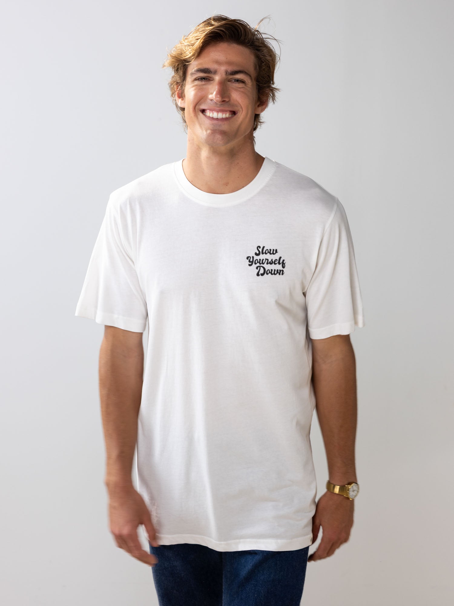 White Retro Tee | Organic Cotton | Slow Yourself Down - Mens Shirts