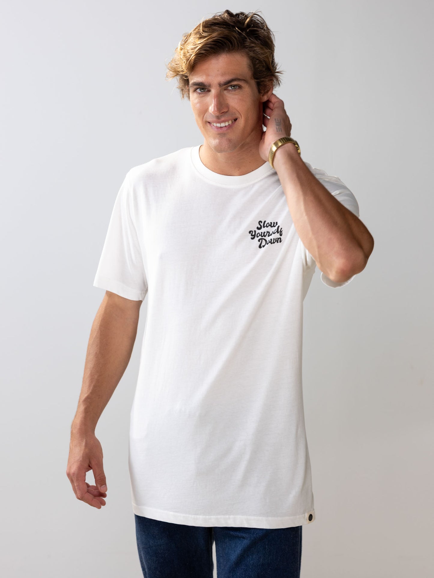 White Retro Tee | Organic Cotton | Slow Yourself Down - Mens Shirts