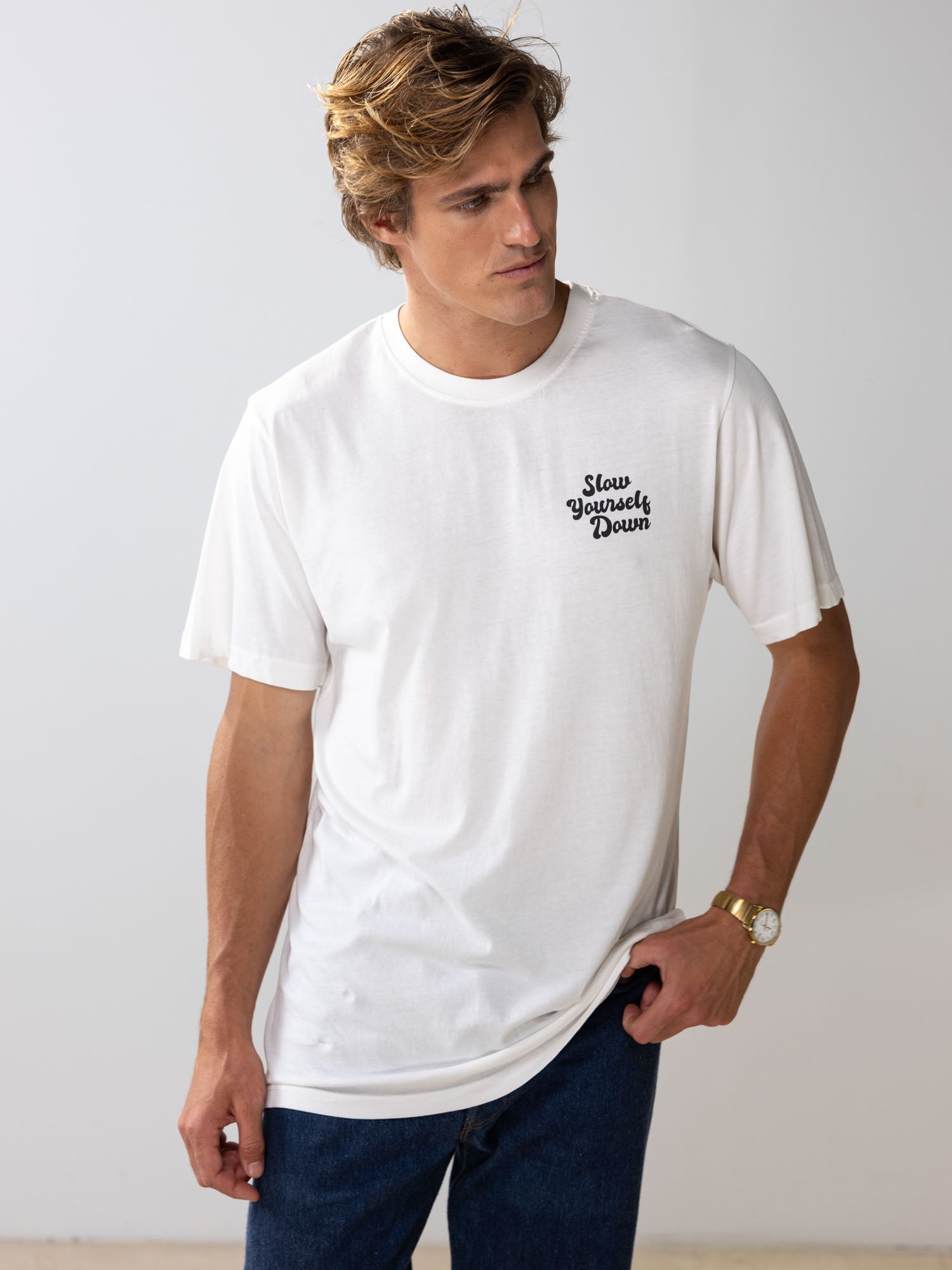 White Retro Tee | Organic Cotton | Slow Yourself Down - Mens Shirts
