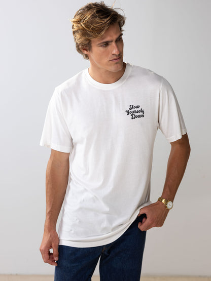 White Retro Tee | Organic Cotton | Slow Yourself Down - Mens Shirts