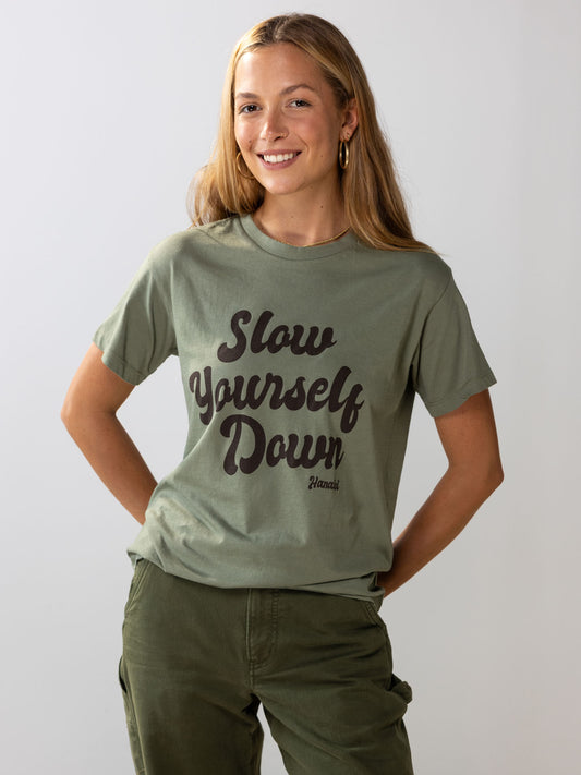 Womens Oversized Retro Tee | Organic Cotton | Slow Yourself Down - Womens Shirts